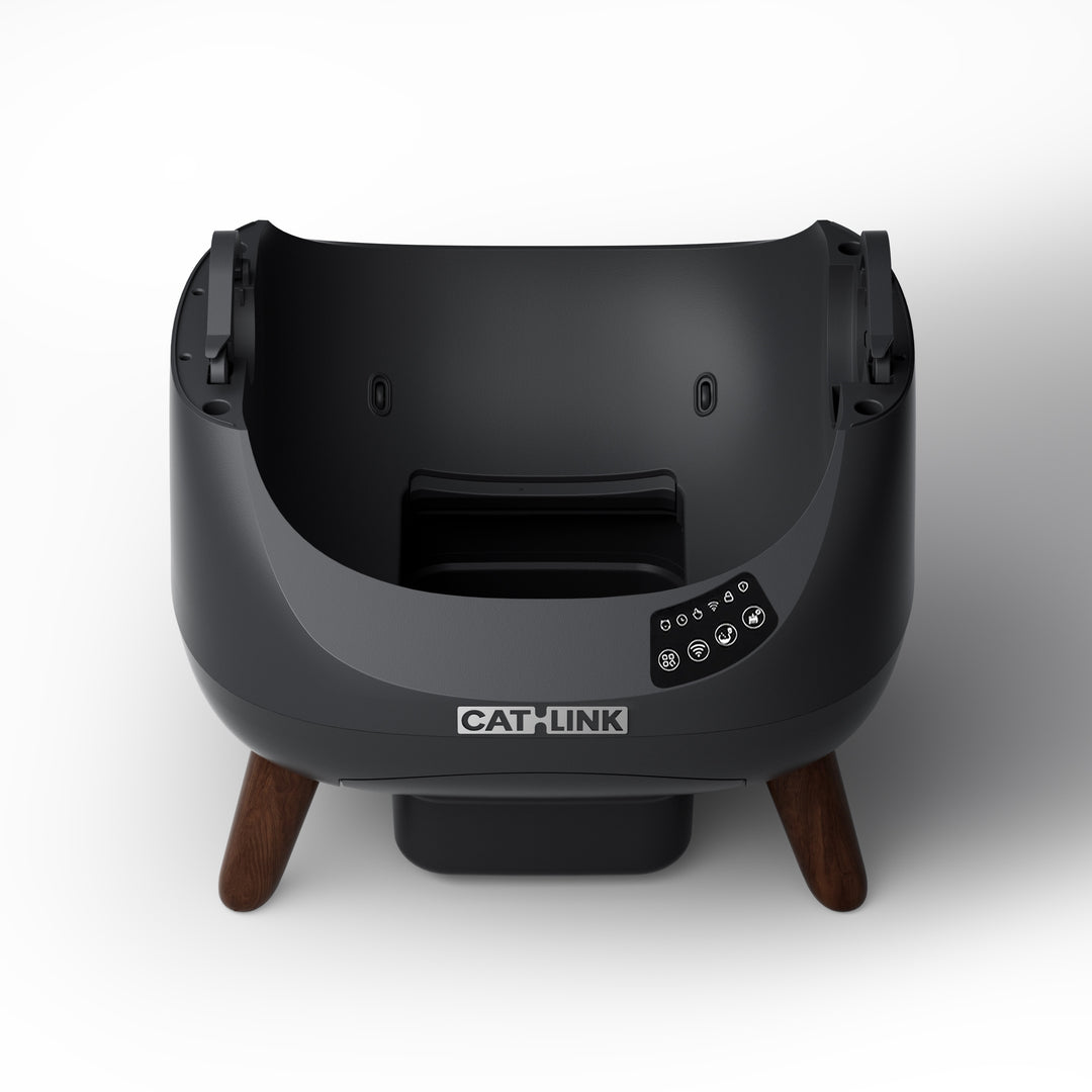 Dark gray CATLINK litter box replacement base with a control panel and brown legs, front view