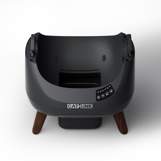 Dark gray CATLINK litter box replacement base with a control panel and brown legs, front view