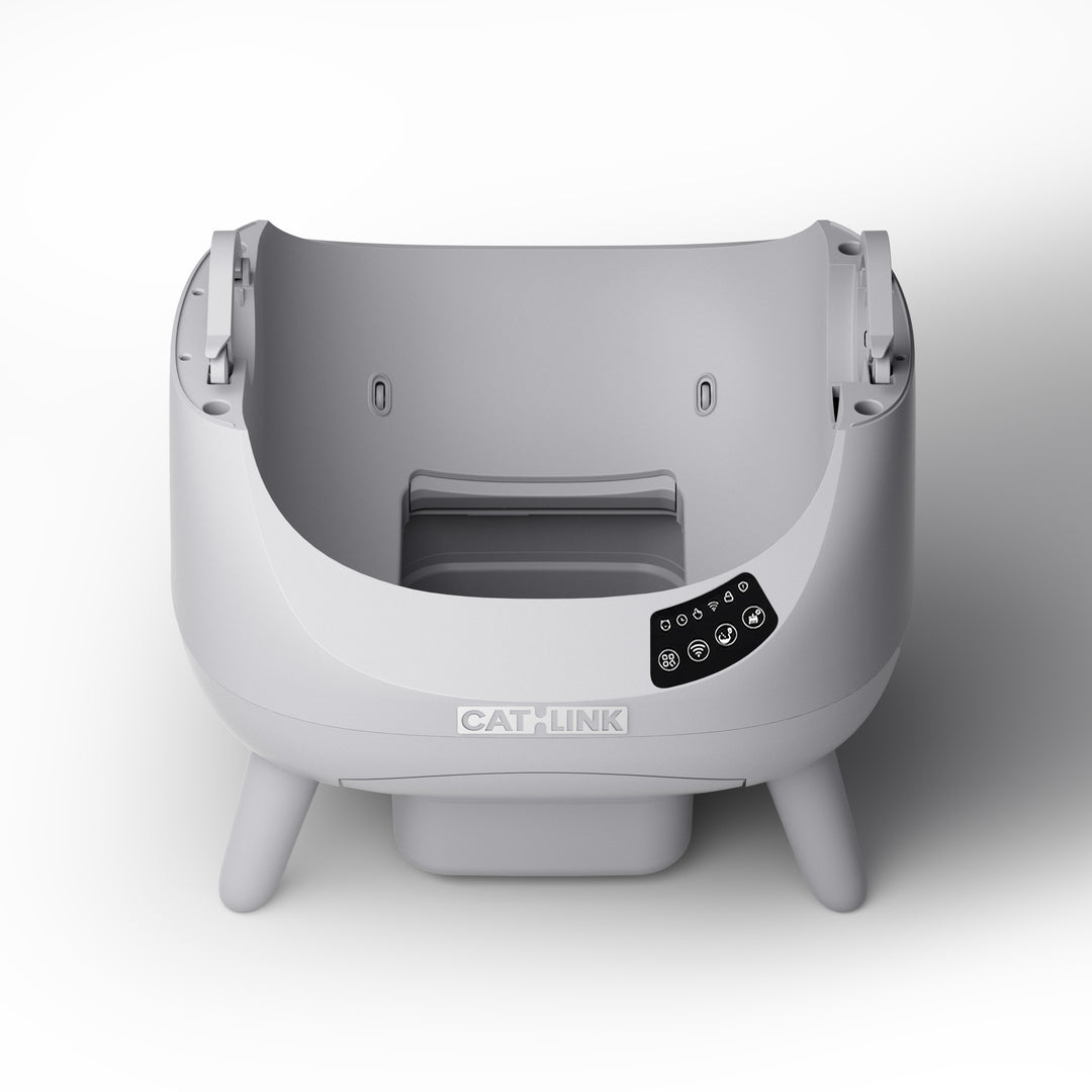 Light gray CATLINK litter box replacement base, front view showing its control panel and support brackets