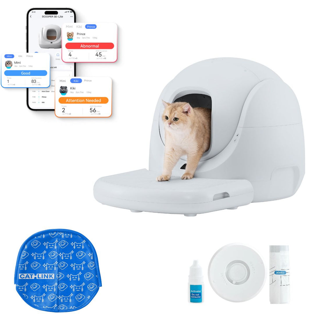 Gray CATLINK Baymax Lite litter box with a cat on its entrance step, an app screen, blue curtain and litter box accessories