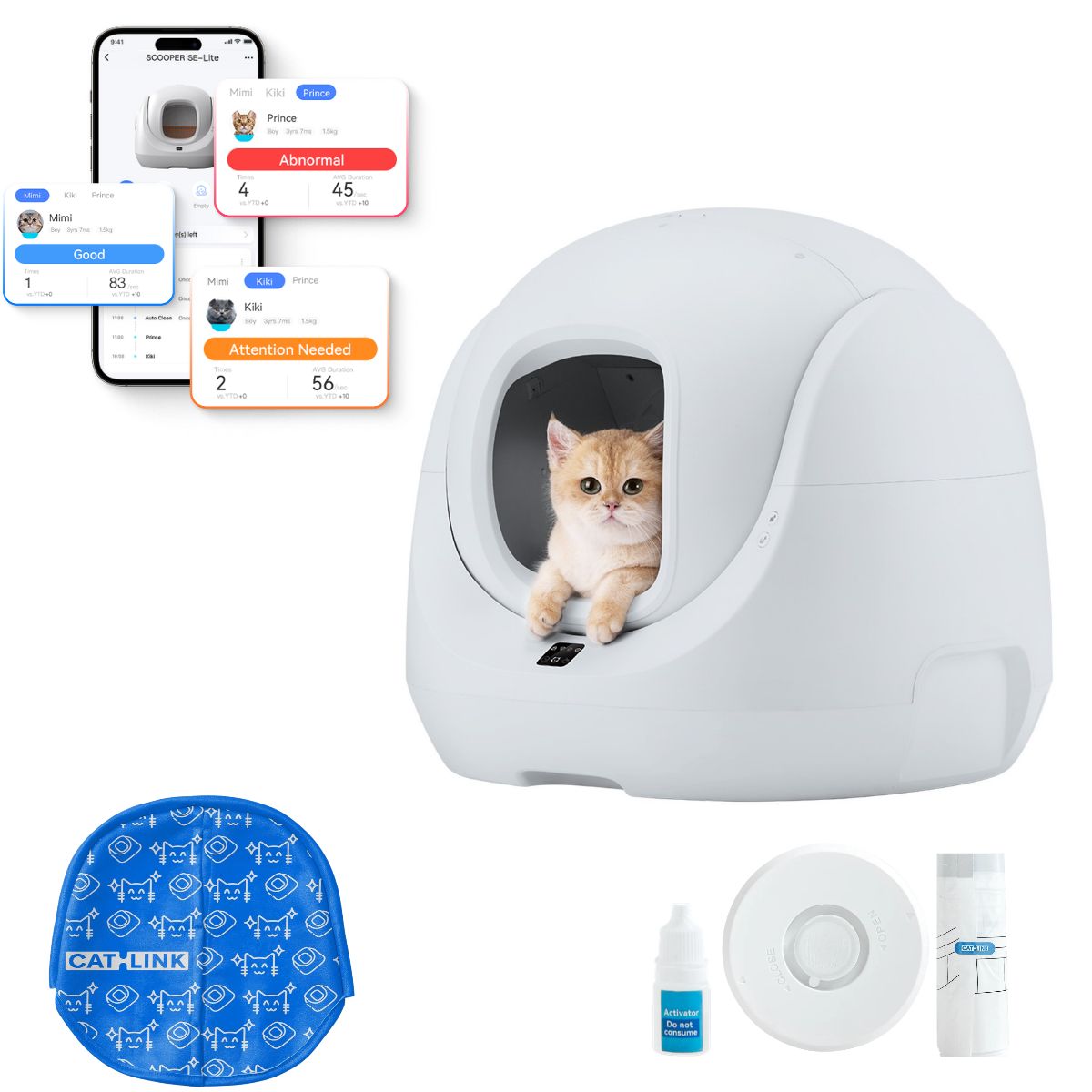 Gray CATLINK Baymax Lite self-cleaning litter box with app screens and accessories