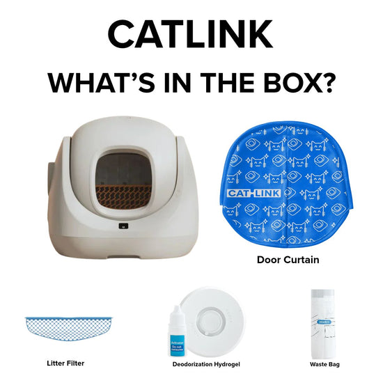 CATLINK Baymax Lite package contents with the gray litter box, blue curtain, filter, odor eliminator and waste bags