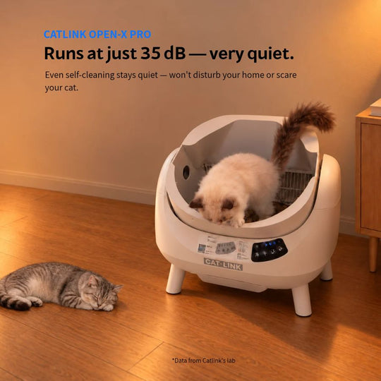 CATLINK Open-X Pro quiet-operation graphic with one cat inside and another resting beside it