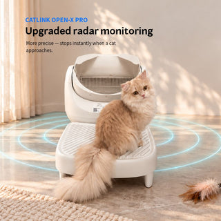 CATLINK Open-X Pro radar-detection graphic with an orange cat sitting on the step
