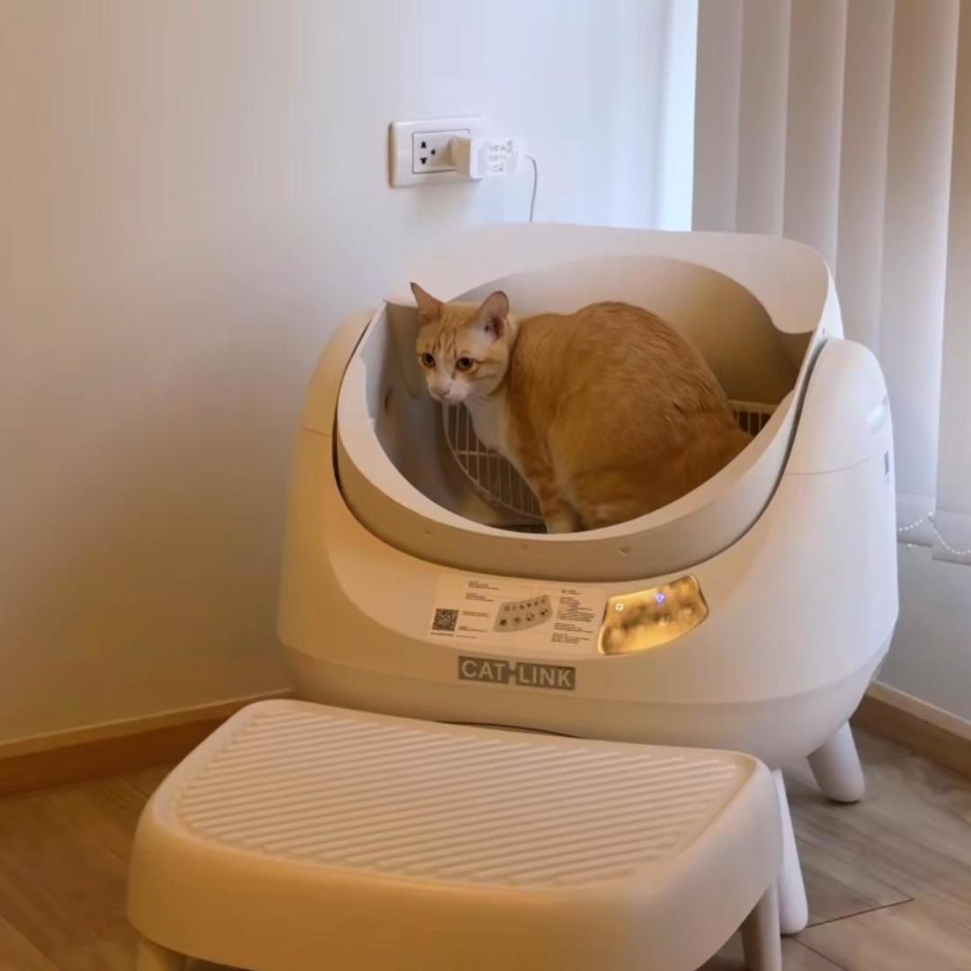 CATLINK Open-X self-cleaning litter box demonstrating automatic cleaning and anti-pinch safety features